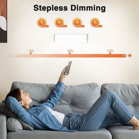 Person using remote for Rechargeable LED Closet Light With Remote 5 Pack Dope Bright White 150 Lumens Motion Sensor Day And Night Auto On Within 10 Feet Four Smart Sensor Modes Easy Install Energy Saving Closet Lighting For Cabinets And Closets showing stepless dimming graph