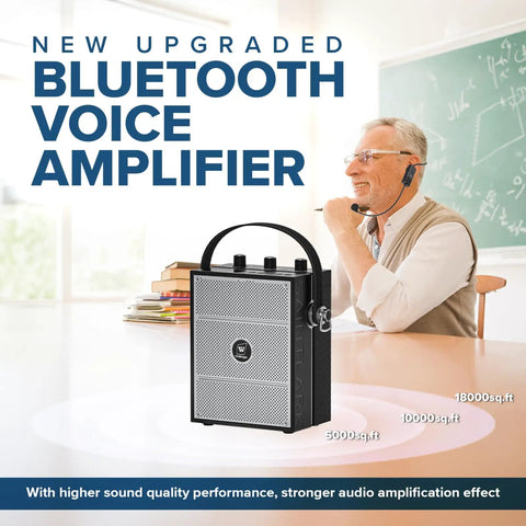 40W Bluetooth Voice Amplifier Megaphone With Wireless Microphone Headset Portable PA System For Classrooms And Events, shown on a desk with user.