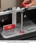 Solid As A Rock Aluminum Router Lift With Slick Quick Raise Lever And Hella Precise Crank Micro Adjustments For Four Point Two Inch Routers, detail of crank adjustment