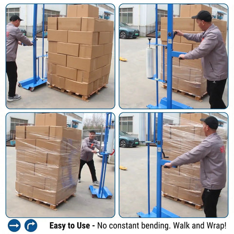 Ergonomic Manual Pallet Wrapper With Adjustable Up To 80 Inch Height For Hassle Free Stretch Film Dispensing in use packaging boxes.