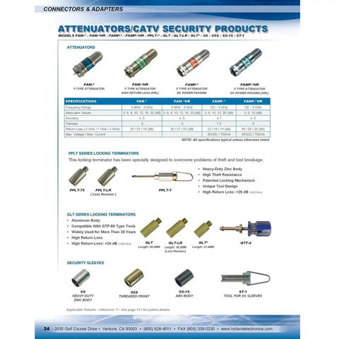 Product catalog page for Ten Decibel Fixed Mini Type Attenuator Pad For RF And Signal Paths showcasing various attenuators.
