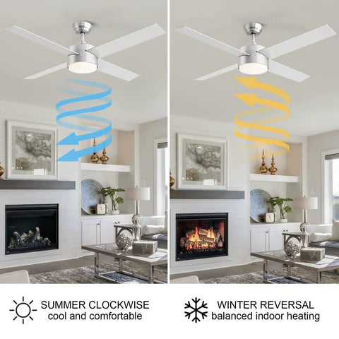 52 Inch Brushed Nickel And Black Ceiling Fan With Lights And Remote, Tri Color LED Temperature Options, Quiet Reversible Motor, Dope Sleek Modern Indoor Ceiling Fan For Bedroom, showcasing summer and winter airflow directions in a living room.