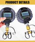 Digital Vacuum Gauge For HVAC 0 To 75000 μmHg Range With 7/16-20UNF Fittings, Buzzer Alarm, 1/4 Inch SAE Extension, Brass Adapter, High Accuracy ±10 μmHg Or ±10 Percent, Ideal For Leak Detection And Evacuation Tests, front and side view