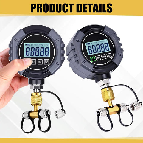 Digital Vacuum Gauge For HVAC 0 To 75000 μmHg Range With 7/16-20UNF Fittings, Buzzer Alarm, 1/4 Inch SAE Extension, Brass Adapter, High Accuracy ±10 μmHg Or ±10 Percent, Ideal For Leak Detection And Evacuation Tests, front and side view