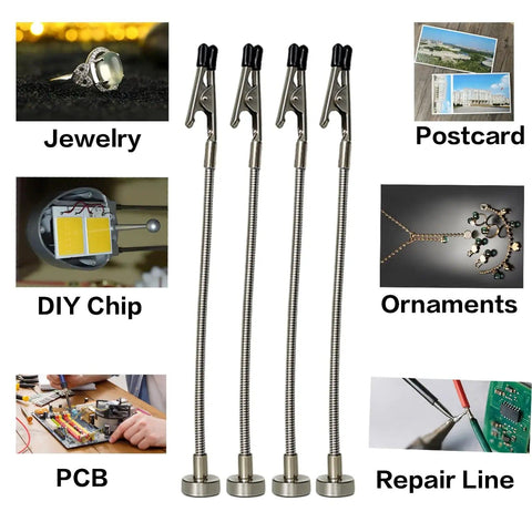 Magnetic Helping Hands Soldering Tool with flexible alligator clip arms and magnetic base for electronics PCB wiring and DIY projects.