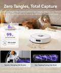 Freo X10 Pro Robot Vacuum And Mop Combo With 11,000 Pa Suction, DualFlow Tangle Free System gliding near pet hair on hard floor