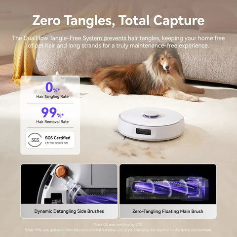 Freo X10 Pro Robot Vacuum And Mop Combo With 11,000 Pa Suction, DualFlow Tangle Free System gliding near pet hair on hard floor