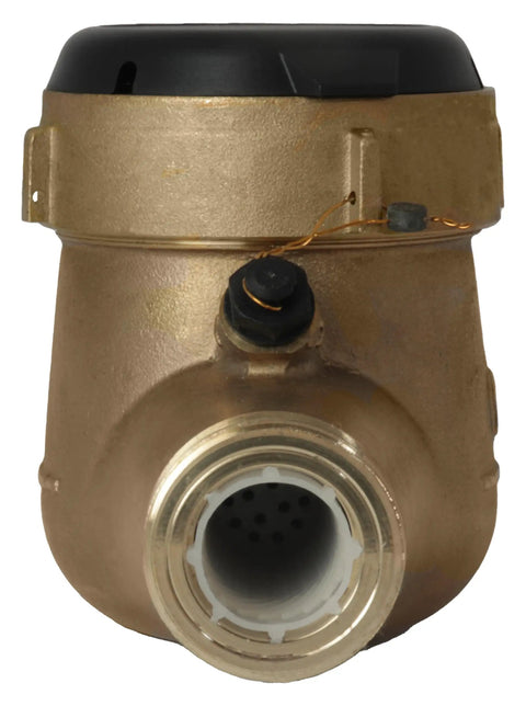 Front view of One Inch Water Meter No Lead Brass NSF Certified Multi Jet Gallons Horizontal Install with corrosion-resistant body.