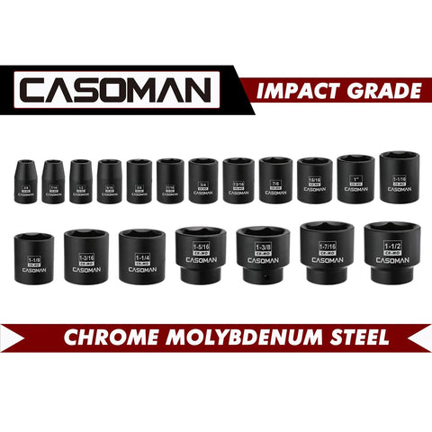 19 Piece 1/2 Inch Drive Impact Socket Set SAE Shallow Range 3/8 To 1-1/2 Inch Cr-Mo Alloy Steel Radius Corner Design Heavy Duty Gear