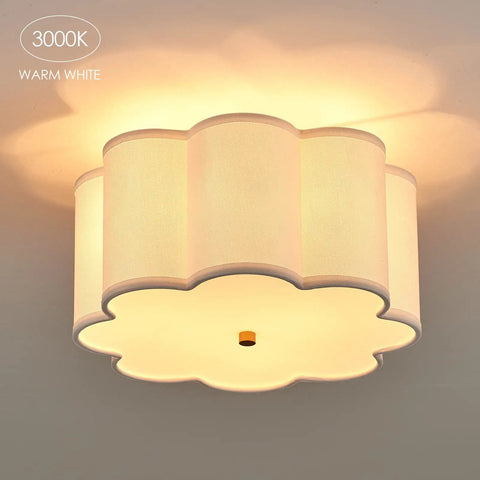 Semi Flush Mount Ceiling Light Fixture With Cream White Fabric Drum Shade showing warm white light illumination