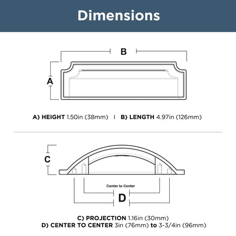 Dimensions illustration of Top Shelf 3 Or 3.75 Inch Champagne Bronze Gold Cabinet Handles And Drawer Pulls