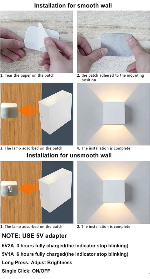 Installation steps for Rechargeable Wireless LED Wall Lamp With Touch Switch Two Pack Black 6000K Sconce Lights No Fuss For Bedroom