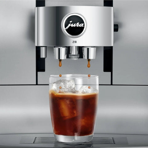 Automatic Coffee Machine With Cold Brew One Touch Brew And Sweet Hot Specialty Drinks 40 Varieties Smart Grinder Auto Adjust Aluminum White Home Coffee Maker dispensing iced coffee.