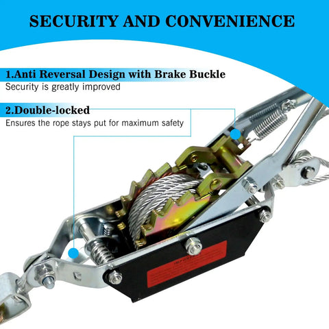 Close-up of Heavy Duty 4400 Lbs Come Along Winch with 12.14 Ft Steel Cable and dual gear system showing anti-reversal design