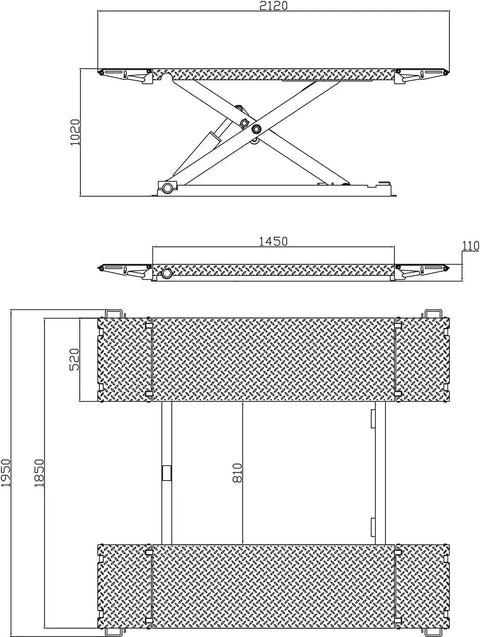 8000 Lbs Mid Rise Scissor Auto Car Lift With Electric Release Plug And Play 110V dimensions diagram showing lift structure and measurements.