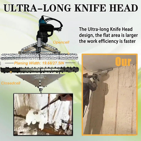 Hardworking Electric Foam Planer Packs A Beefy 1800 Watt Motor To Chew Through Spray Foam And Polyurethane Insulation Delivers Razor Sharp Flat Walls Jobsite Ready For Drywall Installation with ultra-long knife head design.