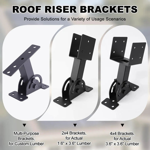 Beefy Heavy Duty Roof Riser Brackets Kit Three Piece shown with adjustable angle black powder-coated steel for pergolas and gazebos.