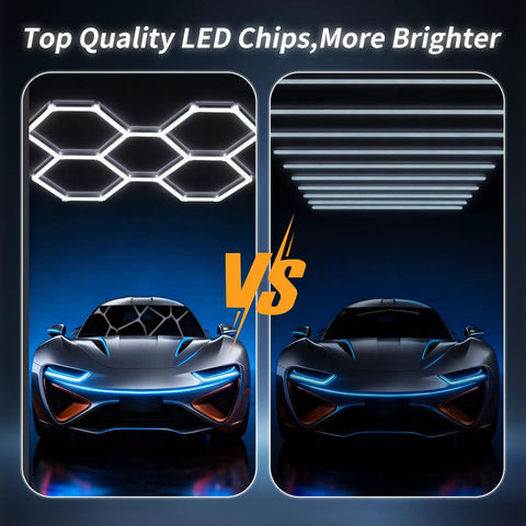 Comparison of LED Hexagon Garage Light 156W 18720LM 6500K Daylight White Ceiling Lamp with linear LED lights over a car.
