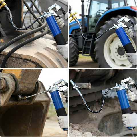 Pro Grade 8000 PSI Pistol Grip Grease Gun Kit with Two Spring Flex Hoses 18.5 and 19.5 Inches in use on heavy machinery