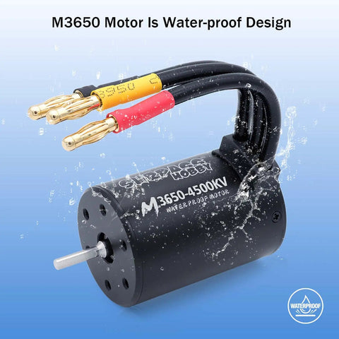 3650 4500KV Brushless RC Motor High Speed Waterproof Upgrade For 1 To 10 RC Cars And Trucks With Aluminum CNC Heat Sink And Six M3 Mount Holes For On Road Off Road Buggy Monster Vehicle showcased underwater with droplets.