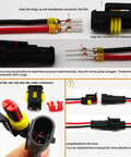 Waterproof 2 Pin Automotive Electrical Connectors Kit With Quick Disconnect Plugs, terminals and assembly steps shown