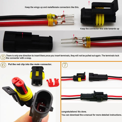 Waterproof 2 Pin Automotive Electrical Connectors Kit With Quick Disconnect Plugs, terminals and assembly steps shown