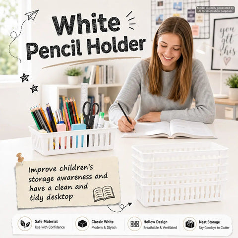 Woman using 12 Piece Desk Pencil Holder Set, White Pen Tray Organizer with pencils and pens in classroom setting