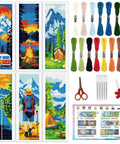 Camping Theme DIY Cross Stitch Bookmark Kit For Beginners, 6 Pack With Mountain View Motifs, Tents, Threads, and Tools
