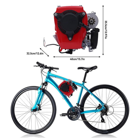 Rock Solid 53cc 4 Stroke Gas Engine Motorized Bicycle Conversion Kit, air-cooled engine mounted on a blue bike, showing dimensions.