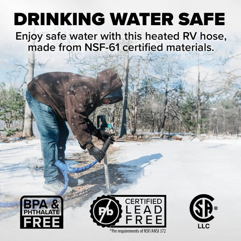 Camco 25-ft heated RV water hose in use outdoors in a snowy scene; person connects a blue hose.