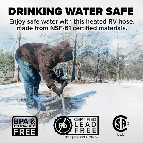 Person using 12 Foot Heated RV Water Hose With Freeze Protection Down To Minus Twenty Degrees Fahrenheit Energy Saving Thermostat NSF Certified Drinking Water Safe End To End Adapter Included For Quick Hookups On The Road in snowy outdoor setting.