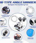 45 Degree Tile Chamfering Tool For Angle Grinders With Adjustable Chamfer Angle Delivers Pro Grade Clean Professional Edges On Ceramic Tiles And Easy Setup Compatible With Type 100 Grinders, showing components and gloves