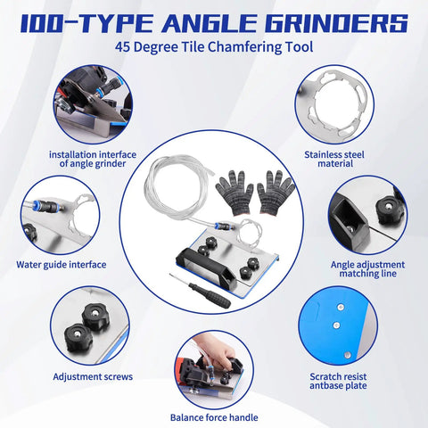 45 Degree Tile Chamfering Tool For Angle Grinders With Adjustable Chamfer Angle Delivers Pro Grade Clean Professional Edges On Ceramic Tiles And Easy Setup Compatible With Type 100 Grinders, showing components and gloves