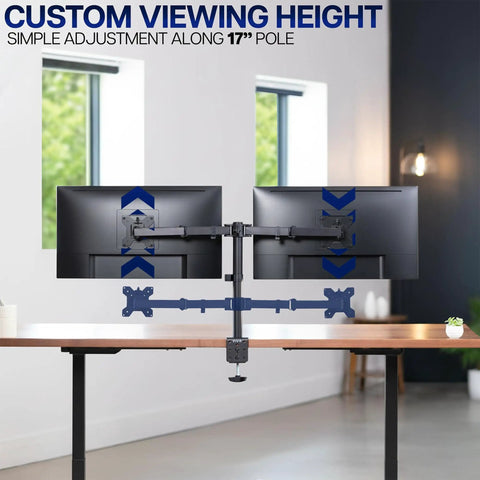 Rock Solid Dual Monitor Desk Mount For 13 To 30 Inch Screens Up To 22 Lbs Each, Heavy Duty Steel Arm With C Clamp Or Grommet, Black