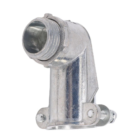 The Real Deal 1/2 Flexible Metal Conduit 90 Degree Squeeze Elbow Connector, die cast zinc alloy for secure electrical installations.