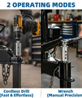 Beefed Up Stainless Steel Trailer Jack Drill Adapter Kit in use with power drill and manual wrench in workshop