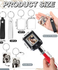 61 Piece Handheld Keychain Making Kit with 1.38x1.77 Inch Square Cutter, acrylic blanks, and PU leather keychains displayed with product sizes.