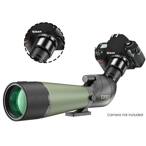 Go To 20 To 60x80 HD Spotting Scope With Tripod And Carrying Case For Bird Watching Hunting Target Shooting Wildlife Scenery Smartphone Adapter And Nikon Compatible SLR Mount shown with Nikon camera adapter