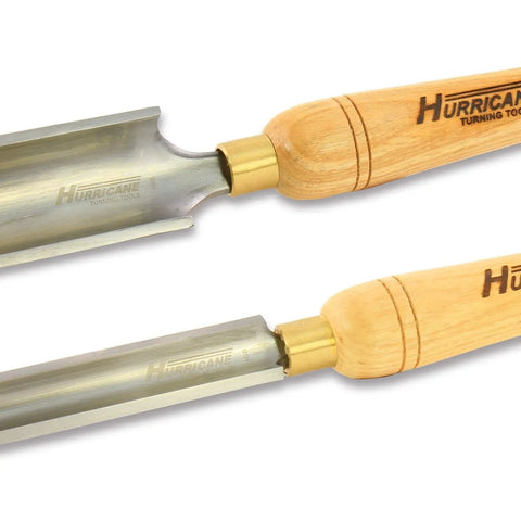 Heavy Duty High Speed Steel Spindle Roughing Gouge Set with beech handles and steel blades for woodturning.