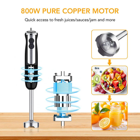 No Sweat 5 In 1 Handheld Blender Featuring 800W Copper Motor And 12 Speed Turbo Mode, displaying motor, blending fruits, sauces.