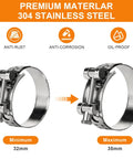 Beefy Heavy Duty 304 Stainless Steel T-Bolt Hose Clamps 32-35mm 4-Pack shown with minimum and maximum sizes, anti-corrosion features.