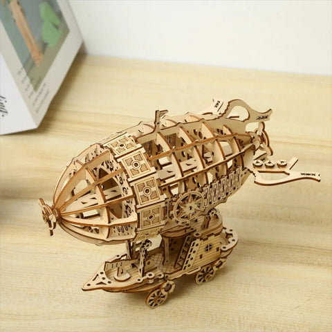3D Wooden Airship Puzzle Kit For Adults And Teens Brain Teaser DIY Wood Model assembled on table