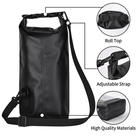 2L Roll Top Waterproof Dry Bag With Integrated Sealed Clear Phone Pouch For Boating Fishing And Travel Heavy Duty Black Dry Pack