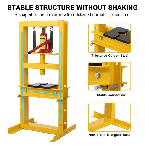 6 Ton Portable H Frame Hydraulic Press With Movable Plate And Overpressure Protection For Metalworking Auto Repair And DIY Projects Built For Pro Use And Home Workshops, yellow steel frame