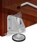 Game Changing Rock Solid Heavy Duty Floor Levelers 8 Pack Complete Tool Kit shown under a wooden cabinet, featuring adjustable zinc steel feet.
