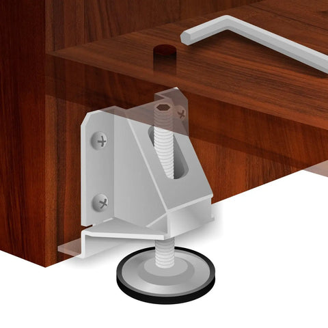 Game Changing Rock Solid Heavy Duty Floor Levelers 8 Pack Complete Tool Kit shown under a wooden cabinet, featuring adjustable zinc steel feet.