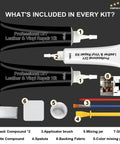 All In One Leather And Vinyl Repair Kit contents including black and white compounds, brush, spatula, backing fabric, and more