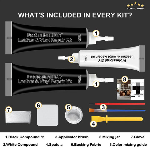 All In One Leather And Vinyl Repair Kit contents including black and white compounds, brush, spatula, backing fabric, and more