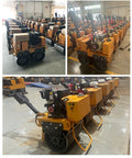 Heavy Duty 800kg Hydraulic Double Drum Vibratory Road Roller lined up in a warehouse for pavement repair projects.