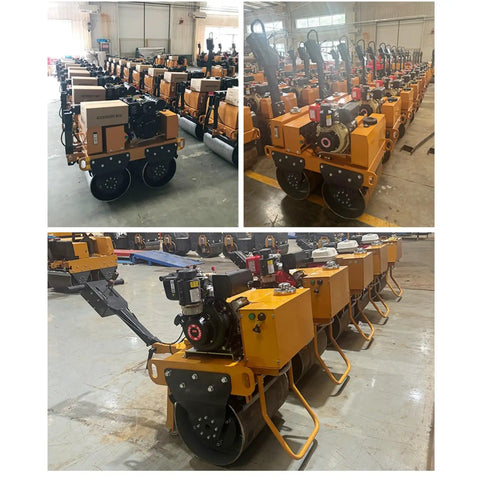 Heavy Duty 800kg Hydraulic Double Drum Vibratory Road Roller lined up in a warehouse for pavement repair projects.